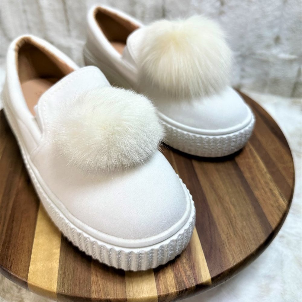 * Chase & Chloe White Furry Pom Pom Slip On Platform Creeper Sneakers